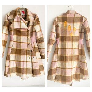 GSUS Plaid Creme Beige Pink Plaid Embroidered Wool Blend  Coat XS